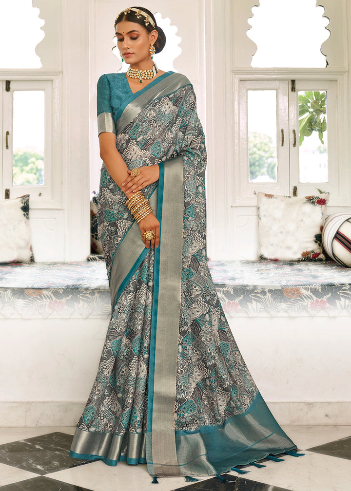 Star Command Blue Digital Printed Dola Silk Saree