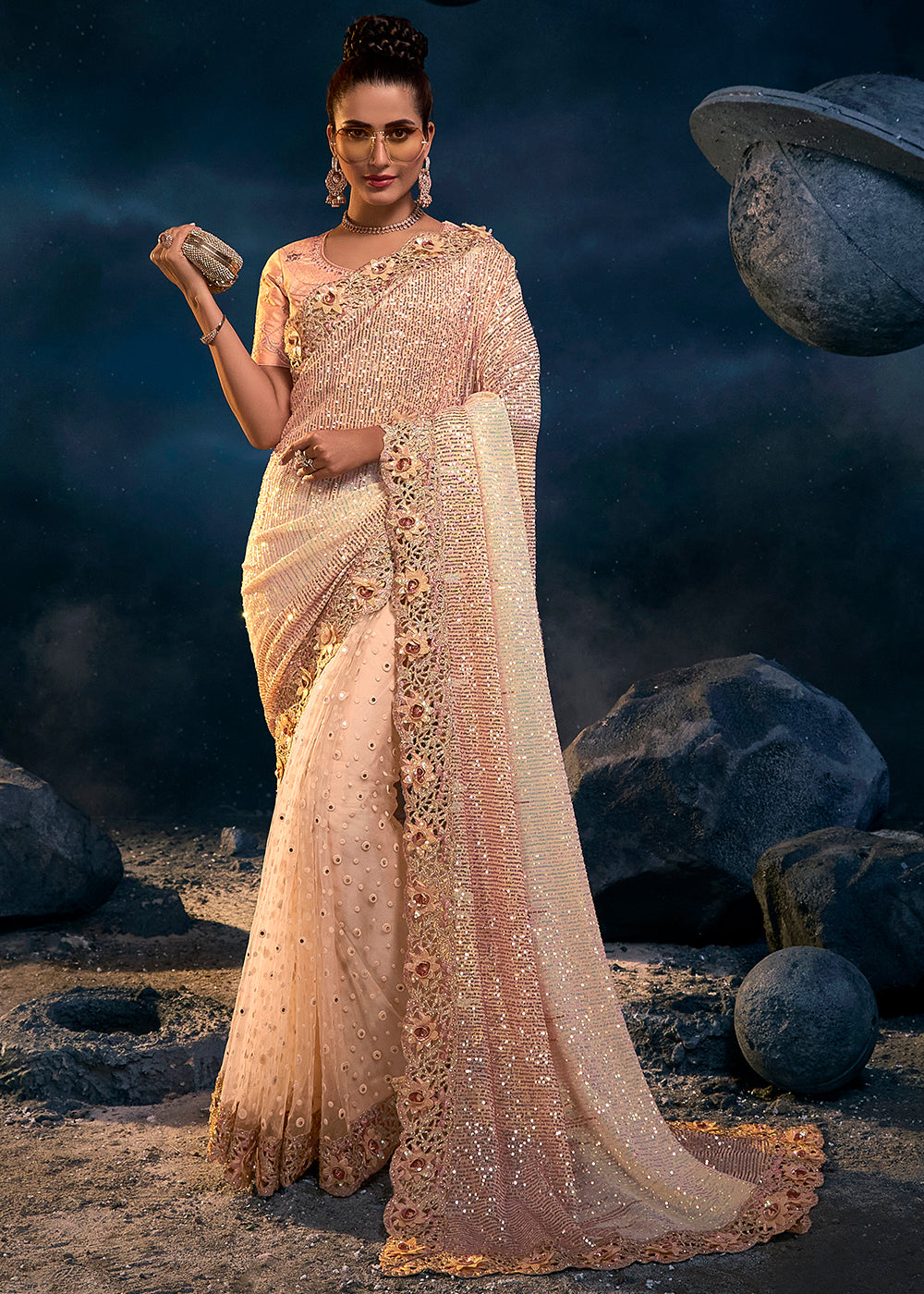 Peach Pink Designer Saree with Thread,Sequence,Crystal,Zarkan work & Imported Fabric Sequence Pallu