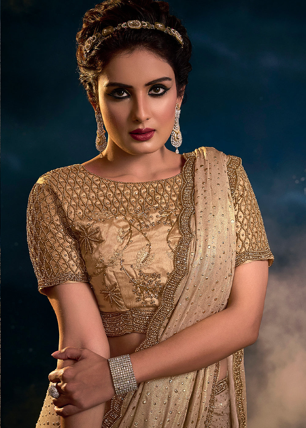 Chiku Brown Designer Imported Fabric Saree with Cut Dana ,Moti, Zarkan & Crystal work