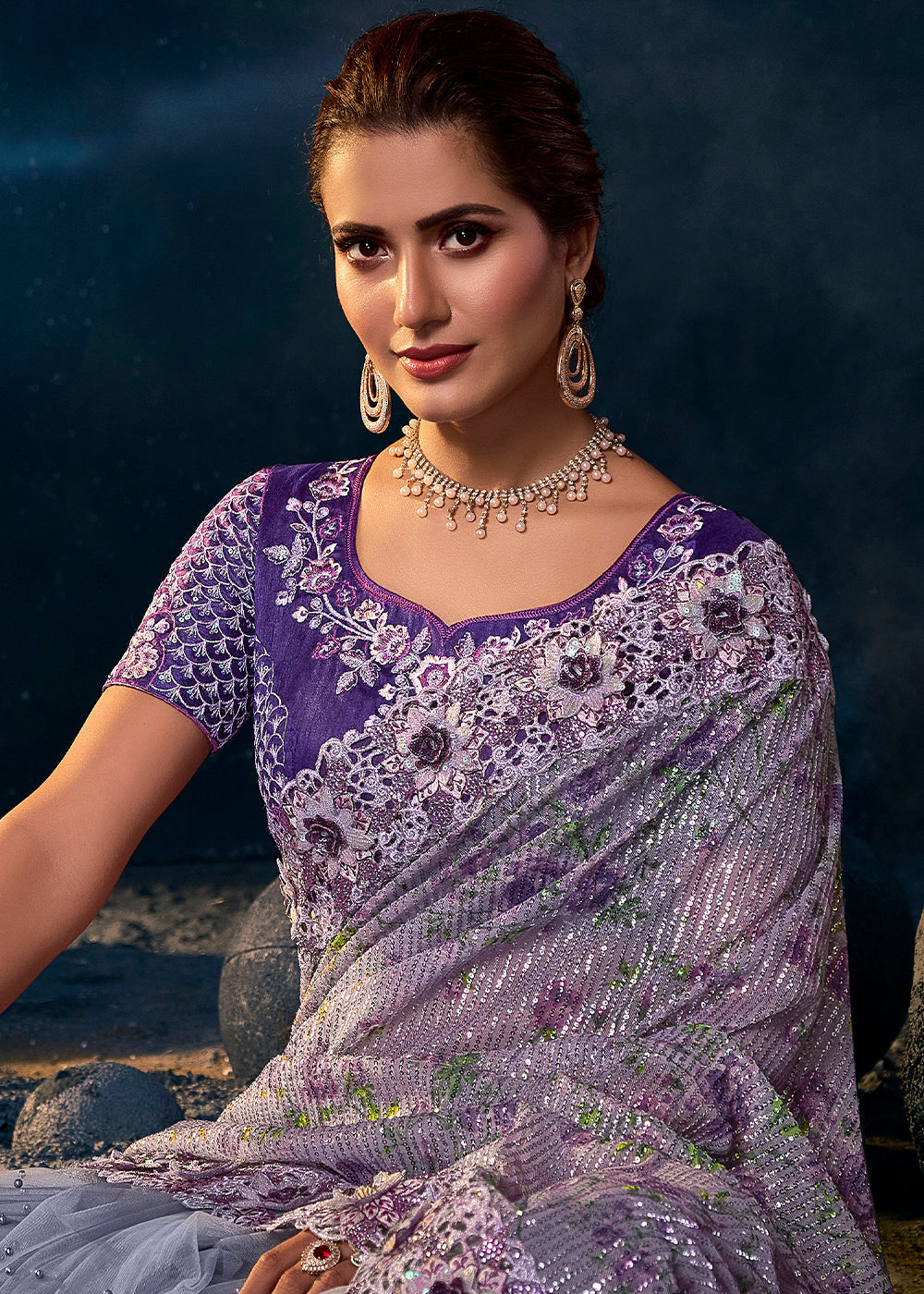 Indigo Purple Designer Net Saree with Thread,Sequence, Zari, Moti & All Over Flower Applique work & Imported Fabric Sequence Pallu