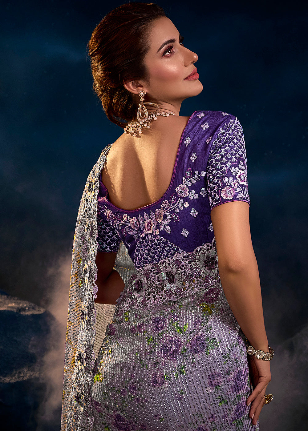 Indigo Purple Designer Net Saree with Thread,Sequence, Zari, Moti & All Over Flower Applique work & Imported Fabric Sequence Pallu