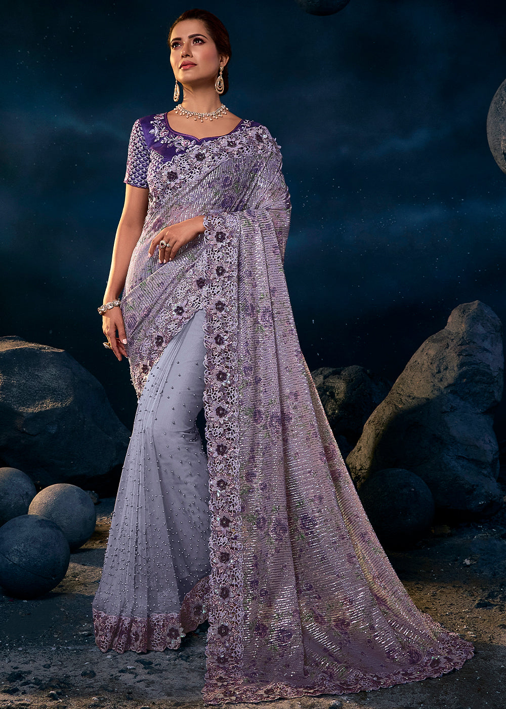 Indigo Purple Designer Net Saree with Thread,Sequence, Zari, Moti & All Over Flower Applique work & Imported Fabric Sequence Pallu