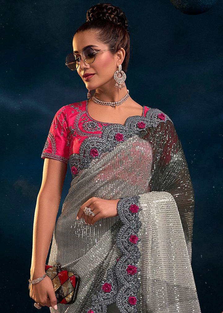 Shades Of Grey Designer Net Saree with Thread,Sequence, Zari, Moti & All Over Flower Applique work & Imported Fabric Sequence Pallu