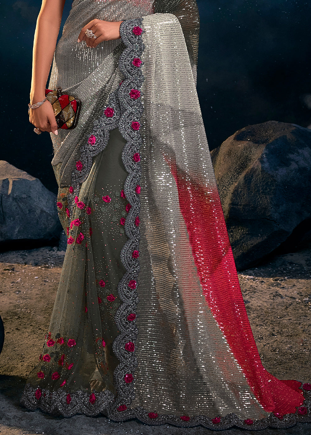 Shades Of Grey Designer Net Saree with Thread,Sequence, Zari, Moti & All Over Flower Applique work & Imported Fabric Sequence Pallu