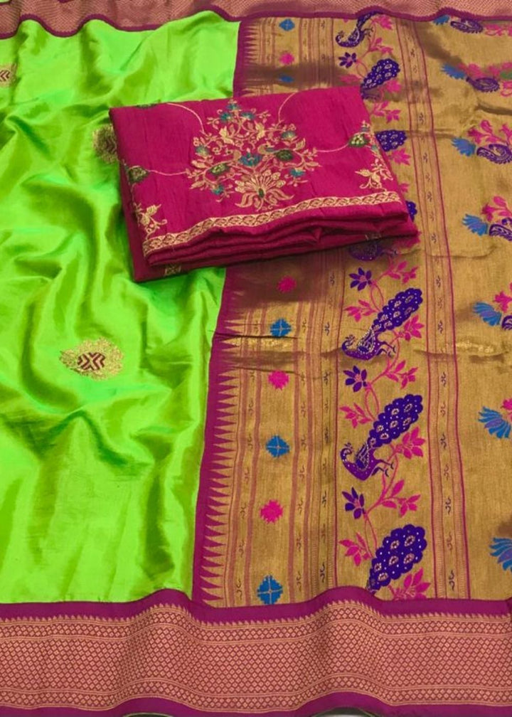 Kelly Green Woven Paithani Saree