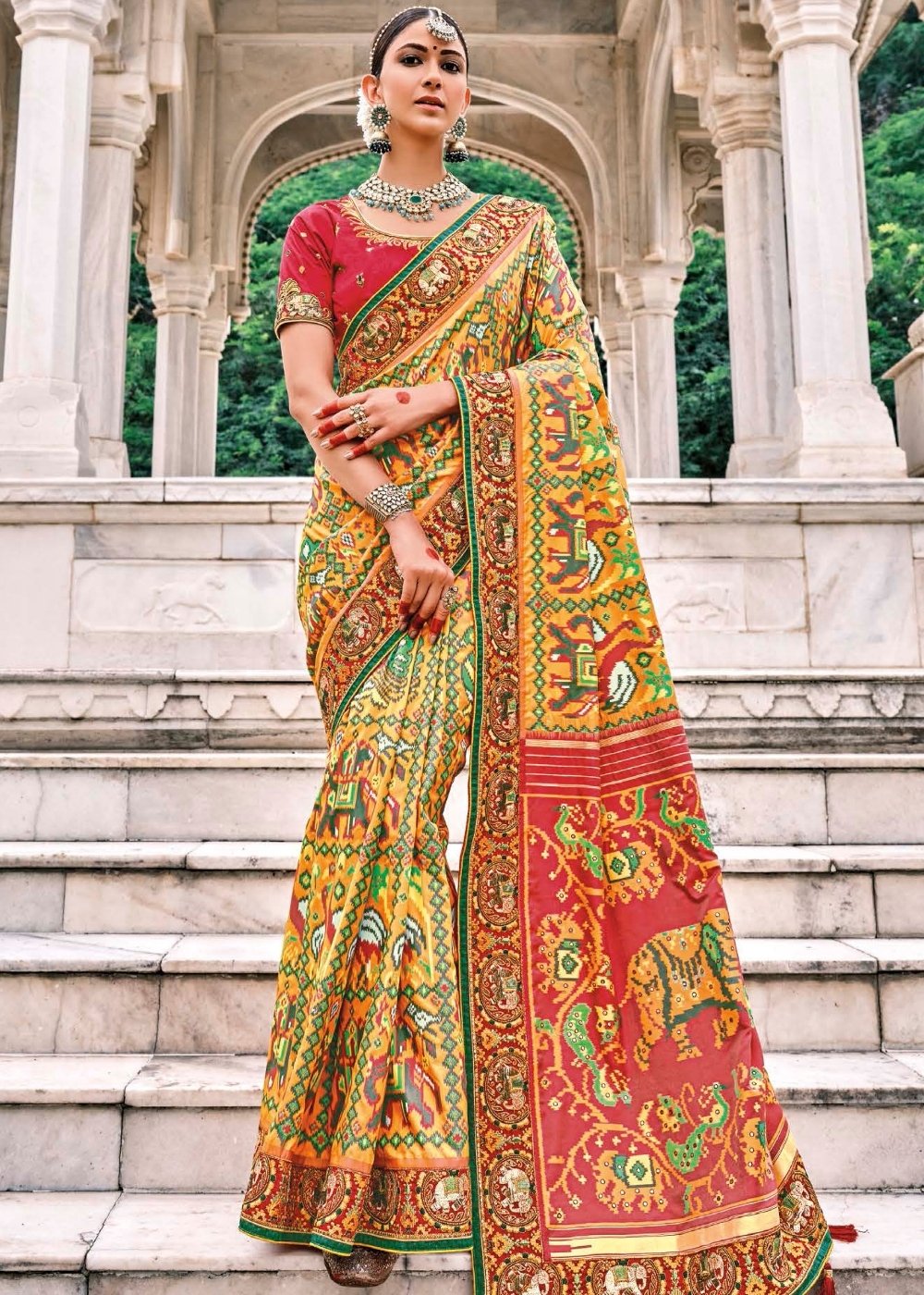 Honey Yellow Patan Patola Silk Saree with Embroidered Blouse