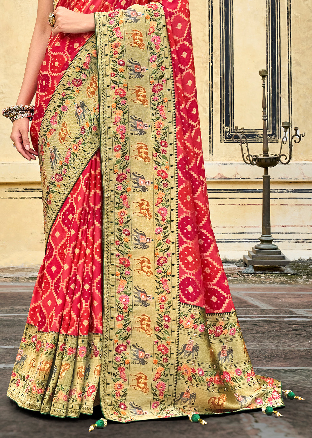 Shades Of Red Woven Patola Printed Dola Silk Saree with Heavy Embroidered Blouse