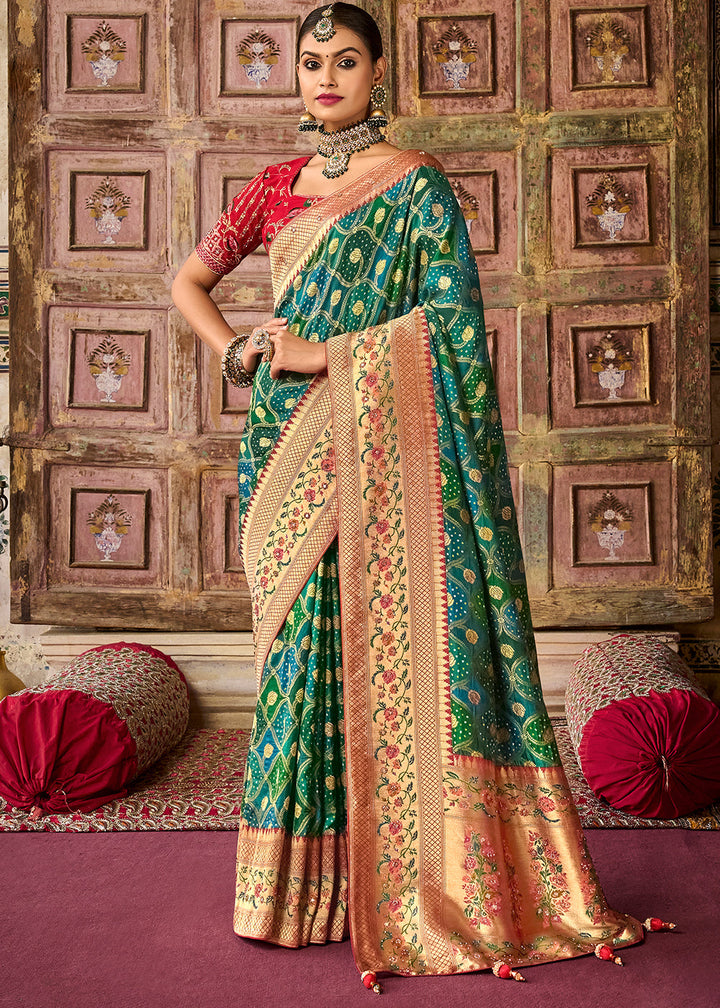 Blue & Green Woven Patola Printed Dola Silk Saree with Heavy Embroidered Blouse