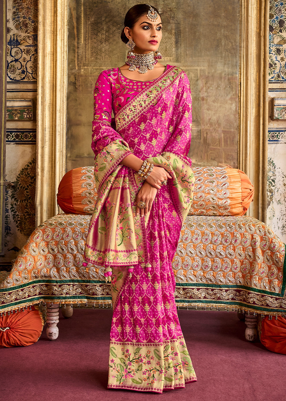 Shades Of Pink Woven Patola Printed Dola Silk Saree with Heavy Embroidered Blouse