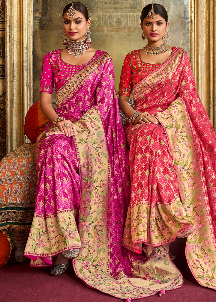 Shades Of Pink Woven Patola Printed Dola Silk Saree with Heavy Embroidered Blouse