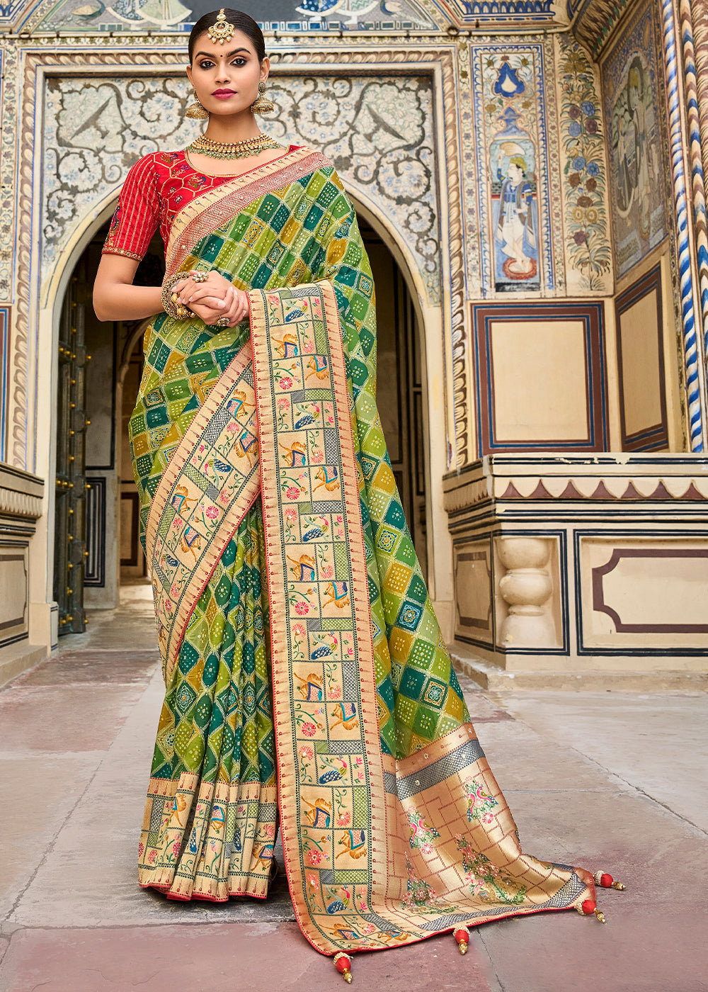 Shades Of Green Woven Patola Printed Dola Silk Saree with Heavy Embroidered Blouse