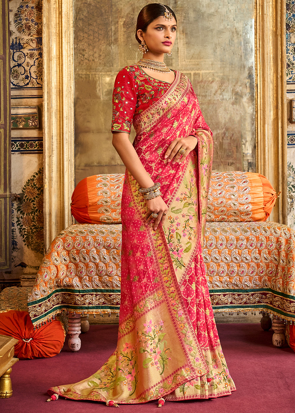 Brink Pink Woven Patola Printed Dola Silk Saree with Heavy Embroidered Blouse