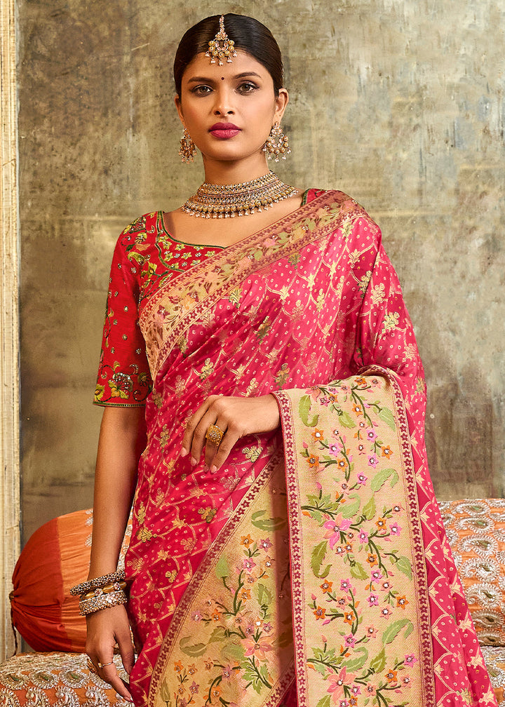 Brink Pink Woven Patola Printed Dola Silk Saree with Heavy Embroidered Blouse