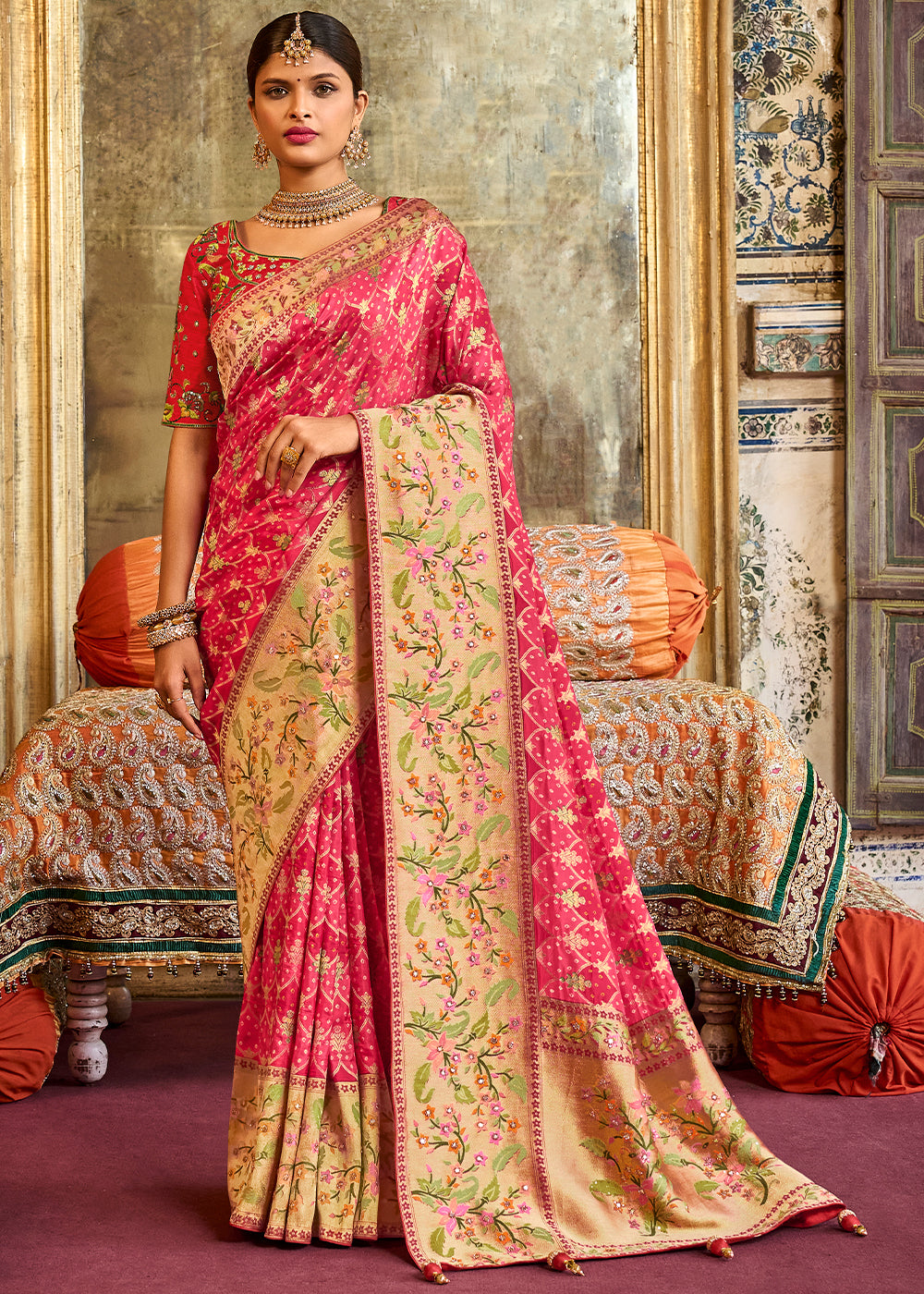 Brink Pink Woven Patola Printed Dola Silk Saree with Heavy Embroidered Blouse