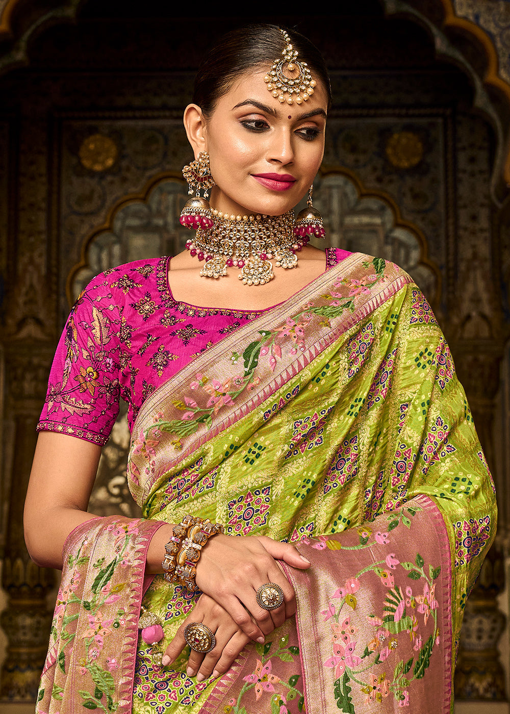 Chartreuse Green Woven Patola Printed Dola Silk Saree with Heavy Embroidered Blouse