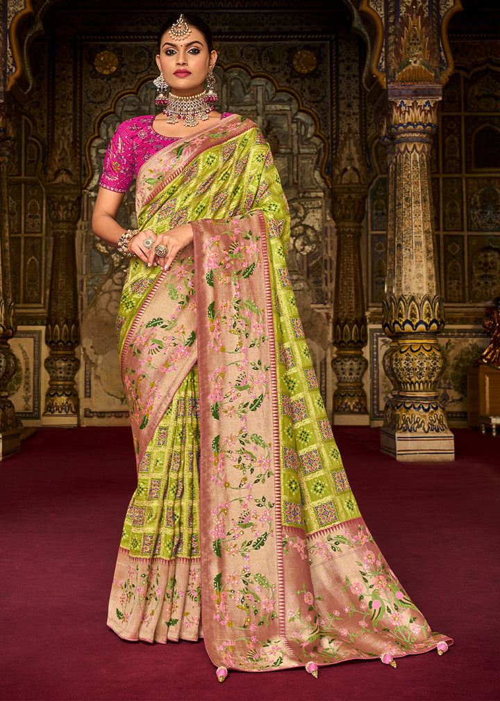 Chartreuse Green Woven Patola Printed Dola Silk Saree with Heavy Embroidered Blouse