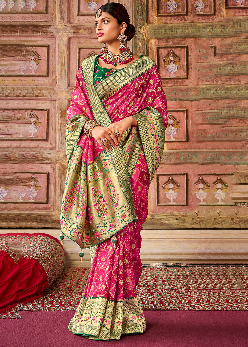 Hot Pink Woven Patola Printed Dola Silk Saree with Heavy Embroidered Blouse