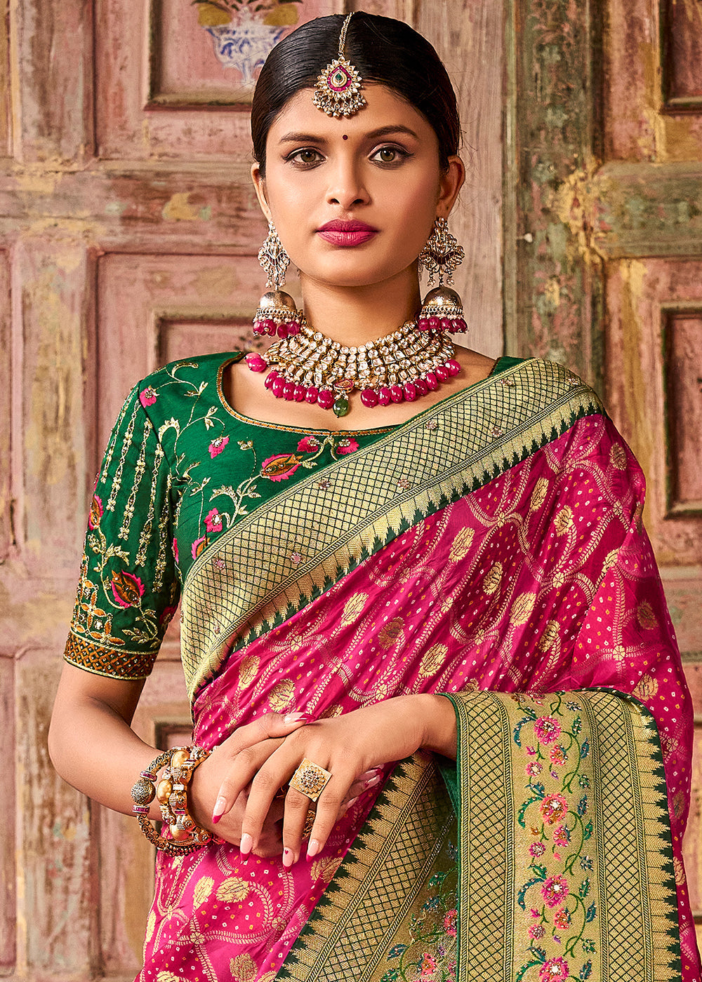 Hot Pink Woven Patola Printed Dola Silk Saree with Heavy Embroidered Blouse