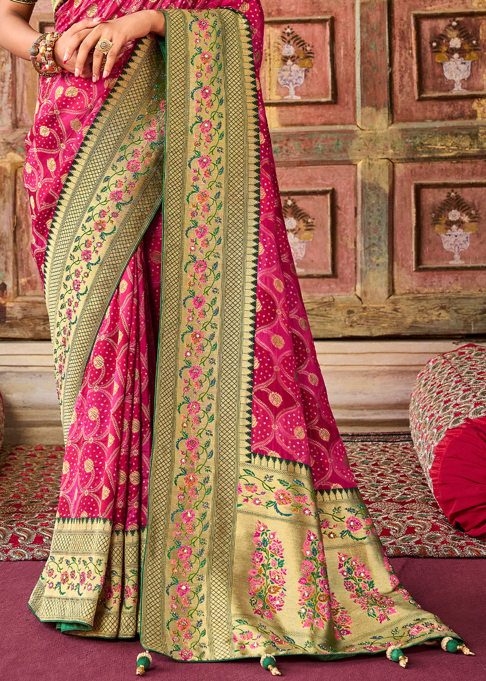 Hot Pink Woven Patola Printed Dola Silk Saree with Heavy Embroidered Blouse