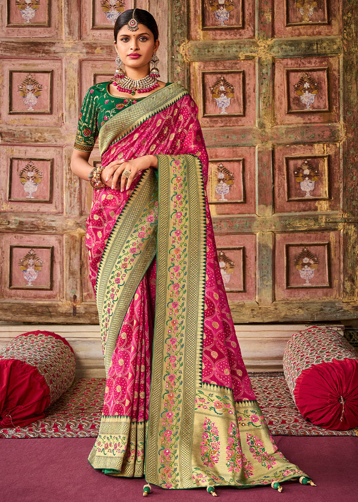 Hot Pink Woven Patola Printed Dola Silk Saree with Heavy Embroidered Blouse