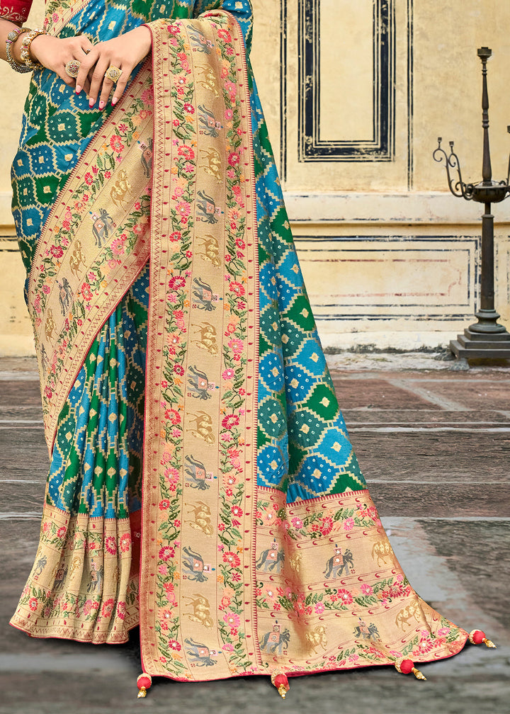 Blue & Green Woven Patola Printed Dola Silk Saree with Heavy Embroidered Blouse