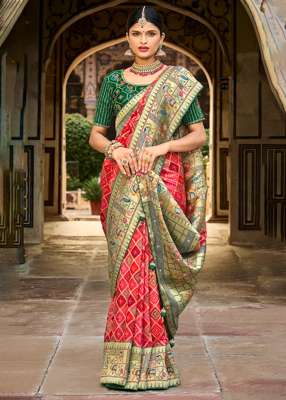 Shades Of Red Woven Patola Printed Dola Silk Saree with Heavy Embroidered Blouse