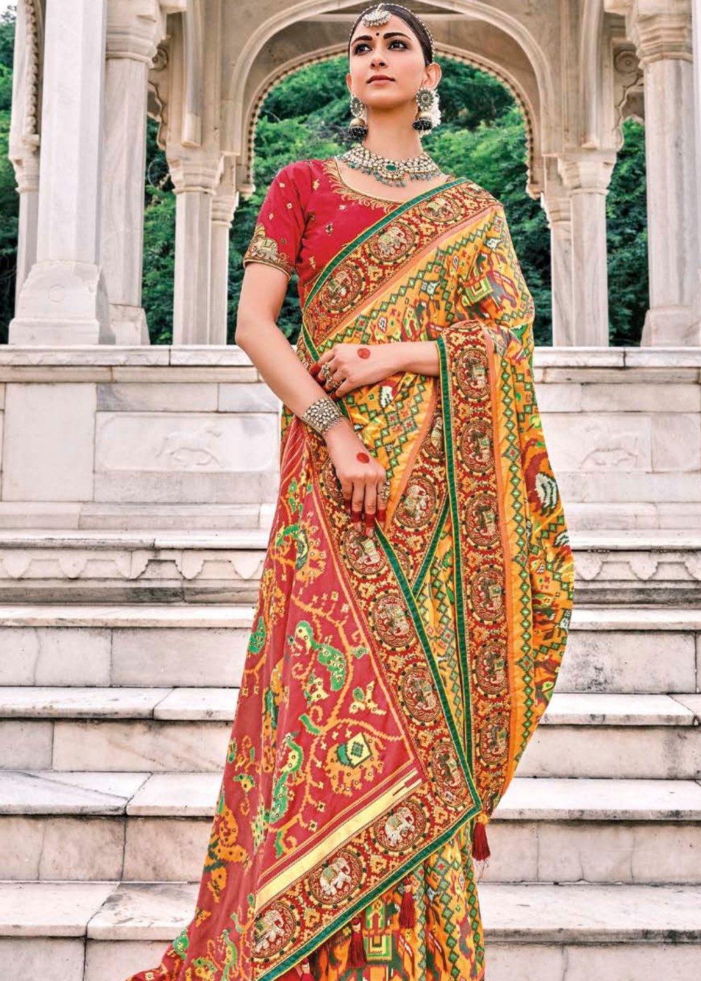 Honey Yellow Patan Patola Silk Saree with Embroidered Blouse