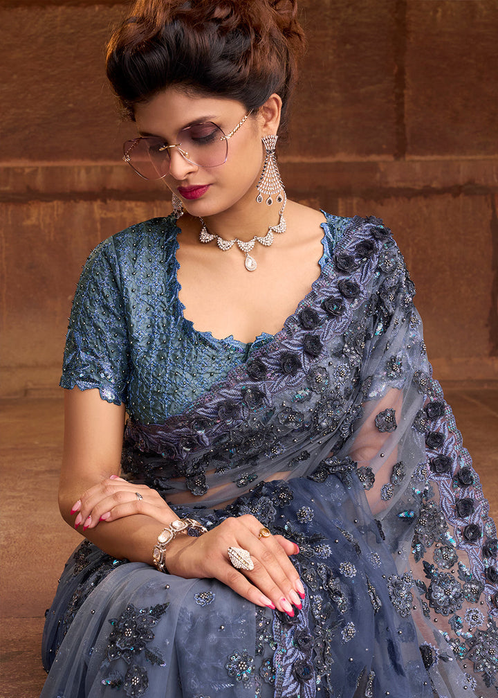 Shades Of Grey Digital Net Saree with Thread,Sequins, Zarkan & Flower Applic work