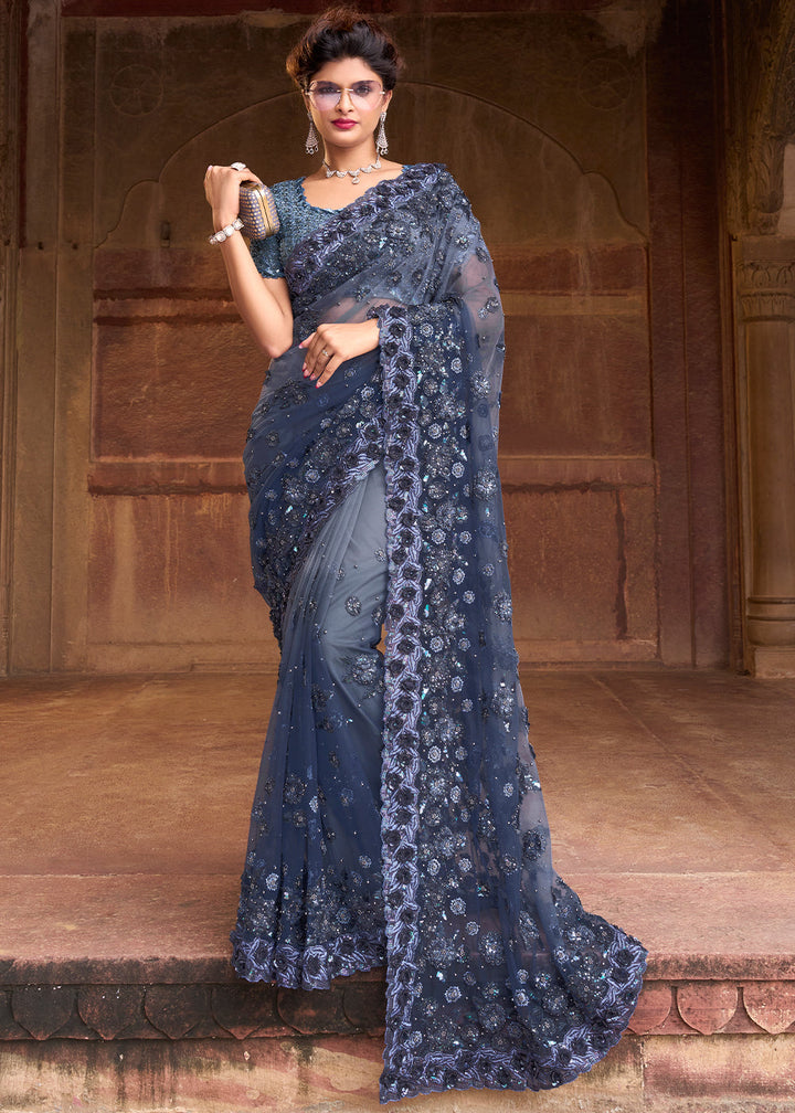 Shades Of Grey Digital Net Saree with Thread,Sequins, Zarkan & Flower Applic work