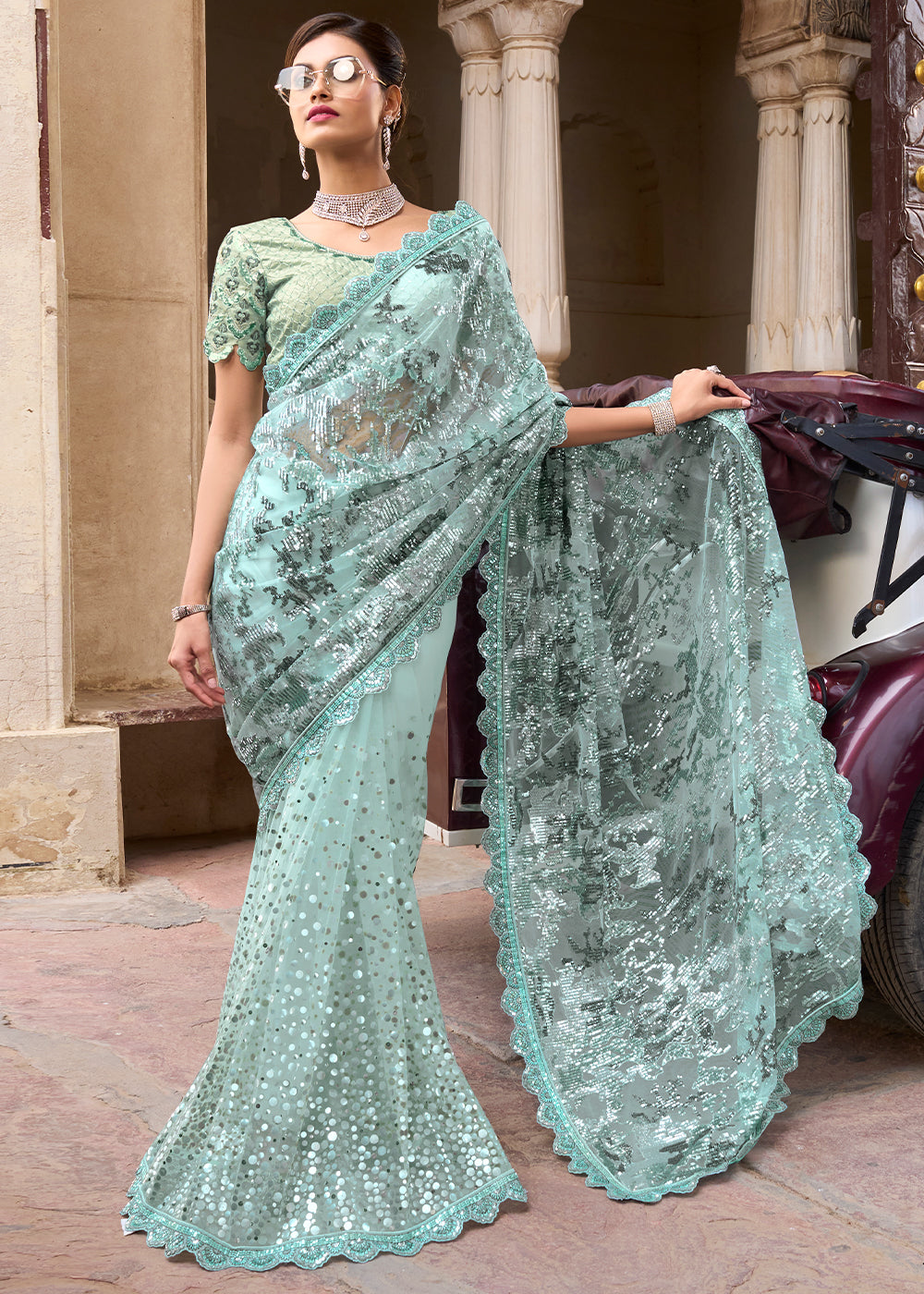 Light Sea Green Digital Net Saree with Sequins Pallu, Mirror & Foil work