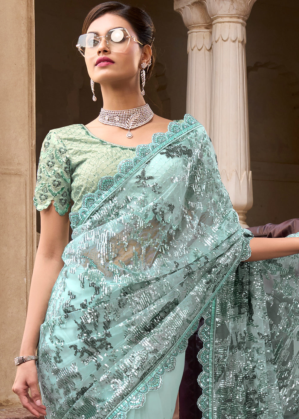 Light Sea Green Digital Net Saree with Sequins Pallu, Mirror & Foil work