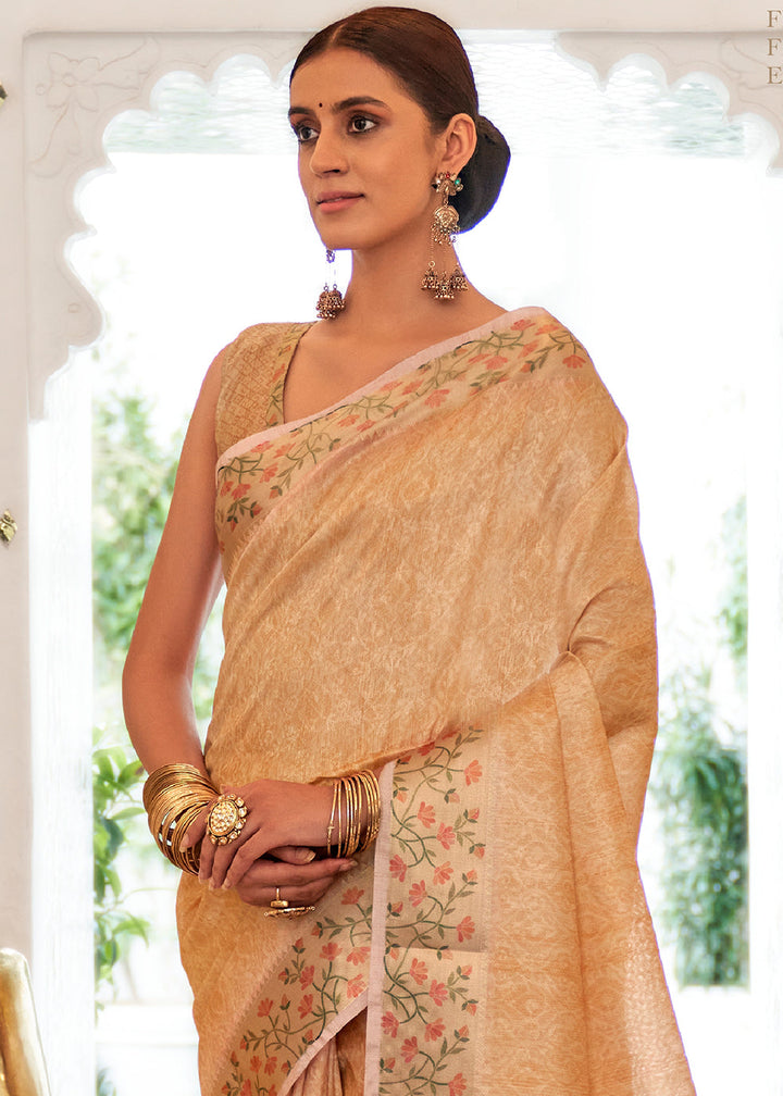 Beige Brown Digital Printed Self Jacquard Silk Saree