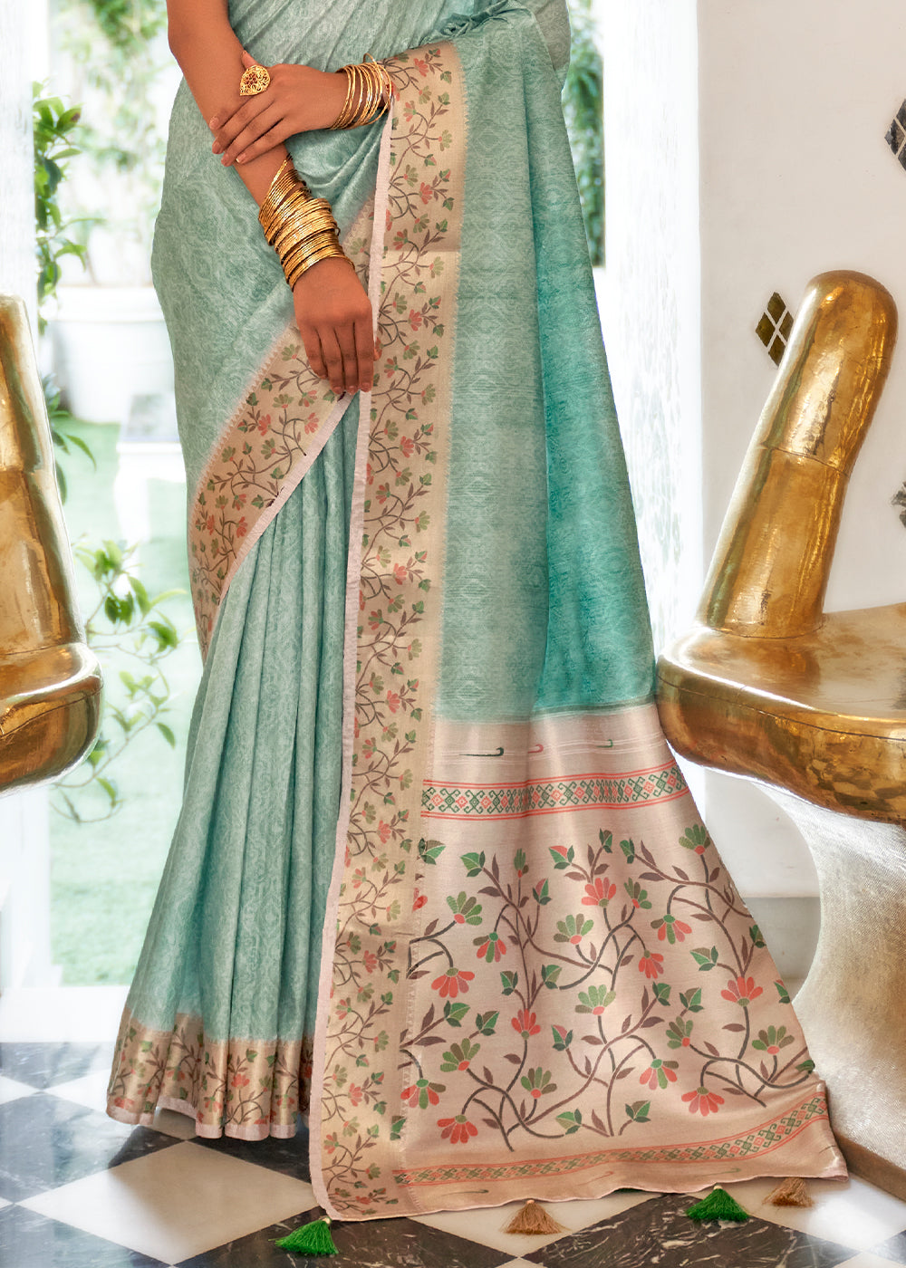 Pale Turquoise Green Digital Printed Self Jacquard Silk Saree