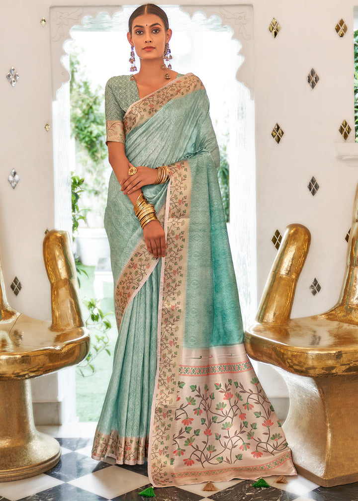 Pale Turquoise Green Digital Printed Self Jacquard Silk Saree