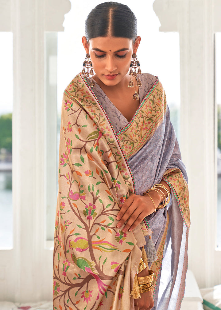 Light Lilac Purple Digital Printed Self Jacquard Silk Saree