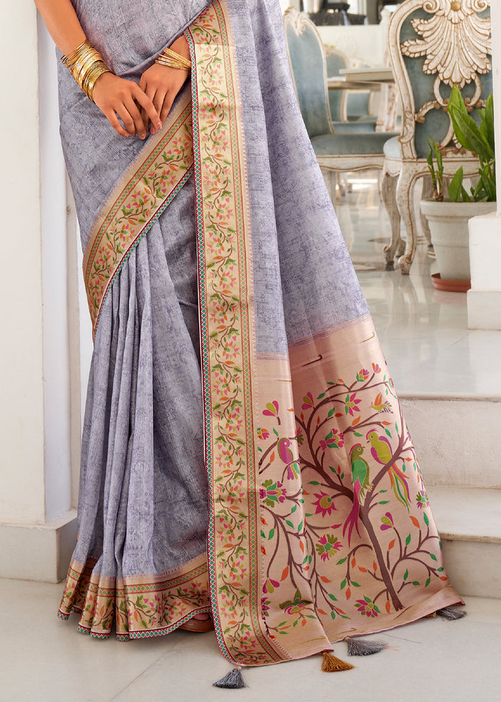 Light Lilac Purple Digital Printed Self Jacquard Silk Saree