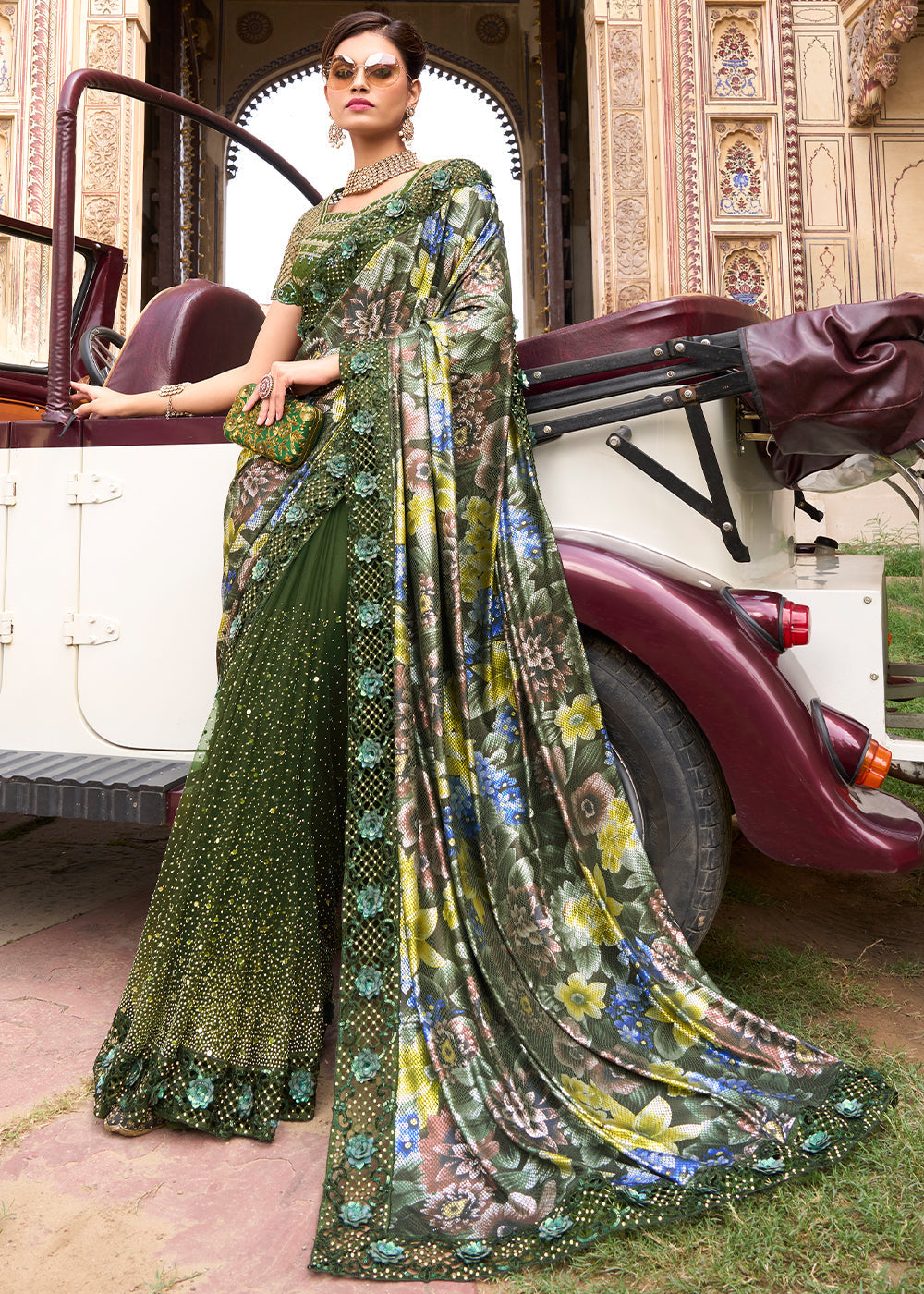 Mehendi Green Digital Net Saree with Crystal,Thread,Zarkan,Mirror & Sequence work