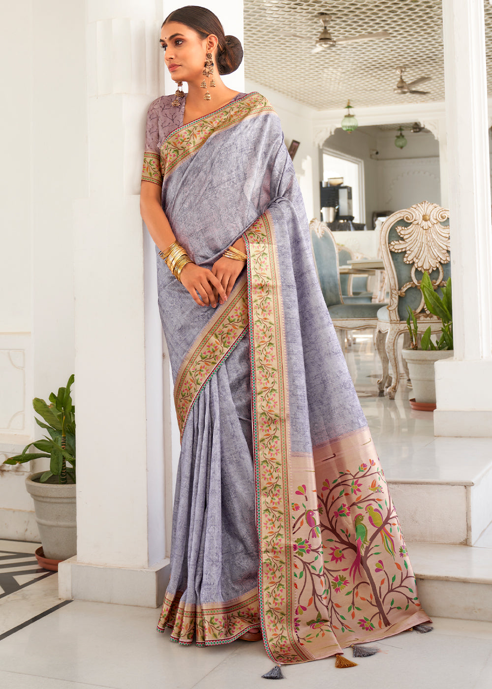 Light Lilac Purple Digital Printed Self Jacquard Silk Saree