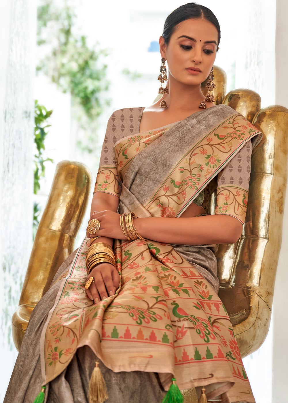 Griege Brown Digital Printed Self Jacquard Silk Saree