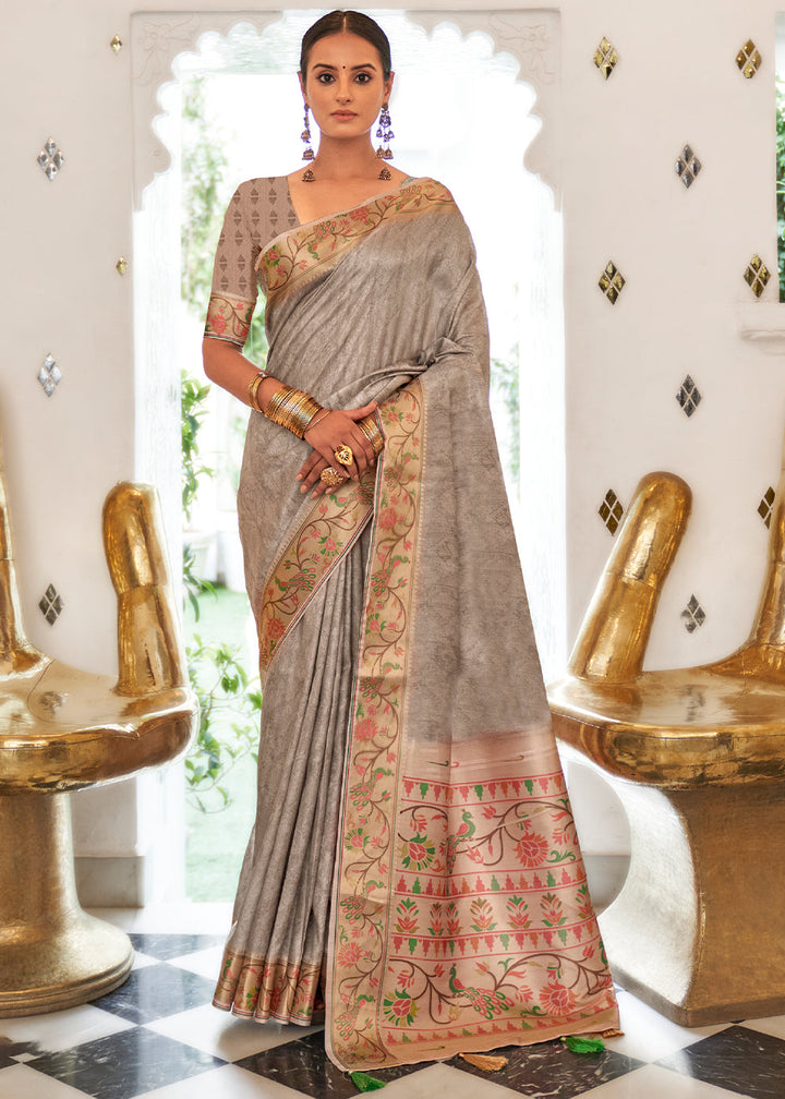 Griege Brown Digital Printed Self Jacquard Silk Saree