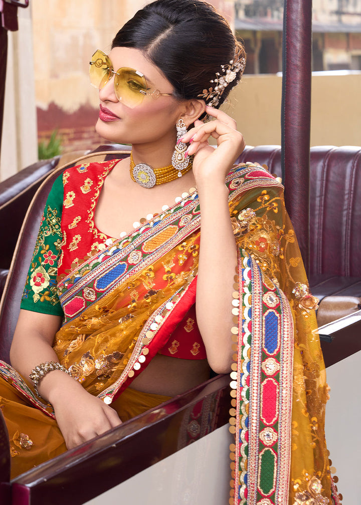 Mustard Yellow Digital Net Saree with Sequins,Thread,Mirror & Flower Applic work