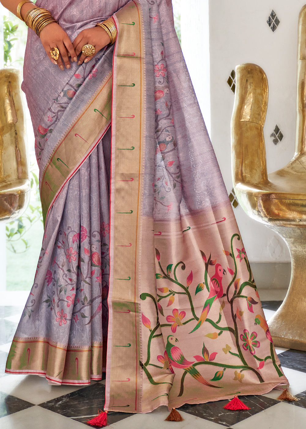 Periwinkle Purple Digital Printed Self Jacquard Silk Saree