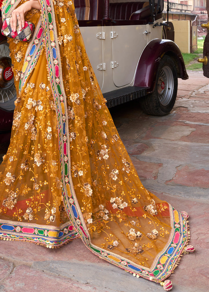 Mustard Yellow Digital Net Saree with Sequins,Thread,Mirror & Flower Applic work