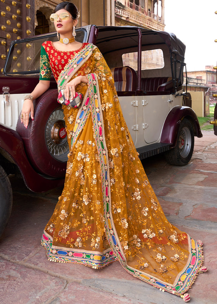 Mustard Yellow Digital Net Saree with Sequins,Thread,Mirror & Flower Applic work