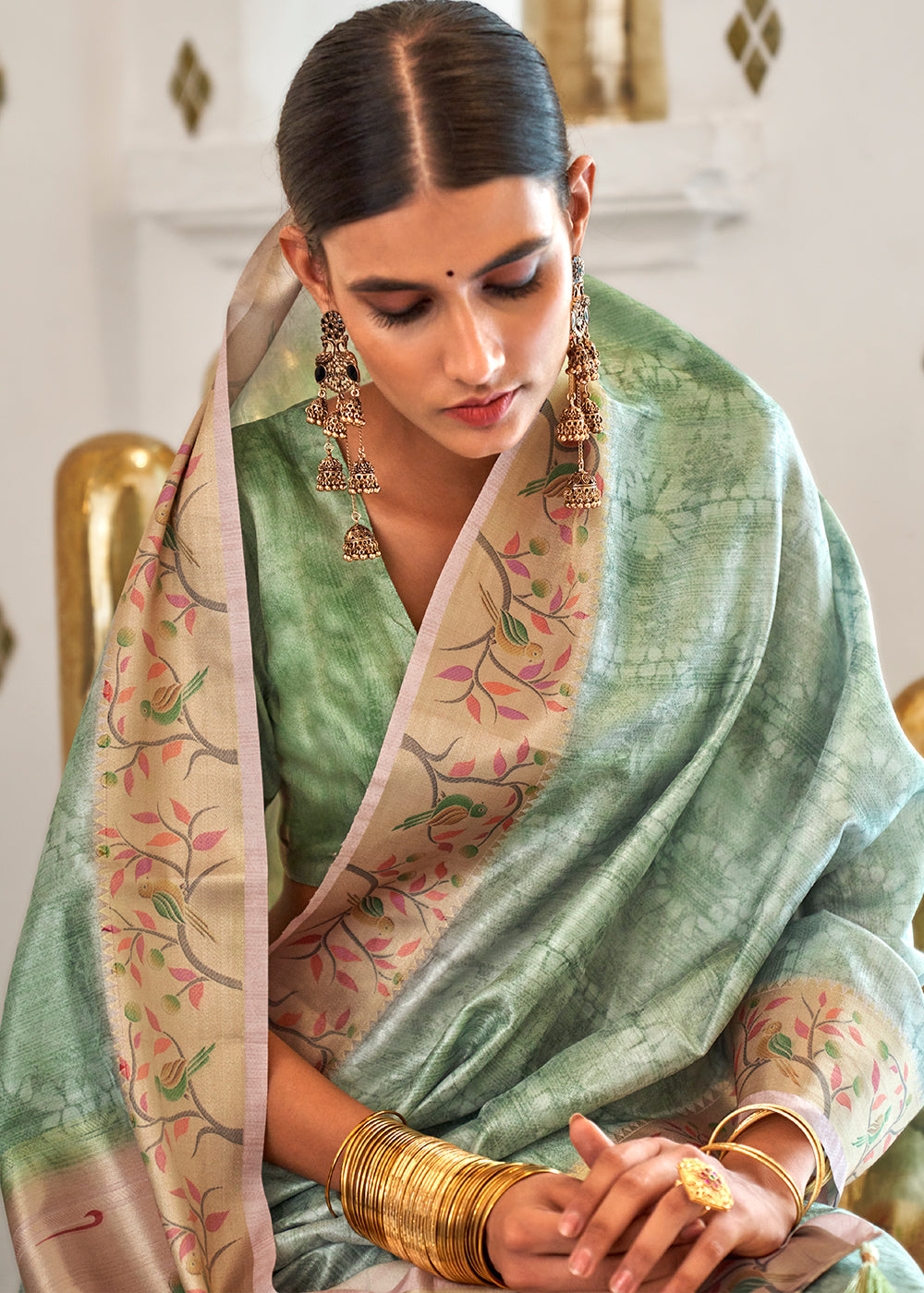 Seafoam Green Digital Printed Self Jacquard Silk Saree