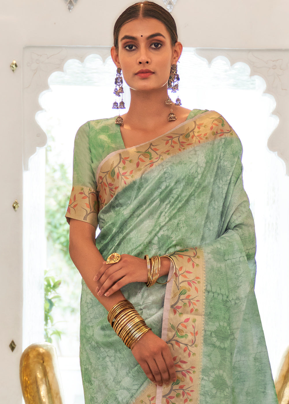 Seafoam Green Digital Printed Self Jacquard Silk Saree