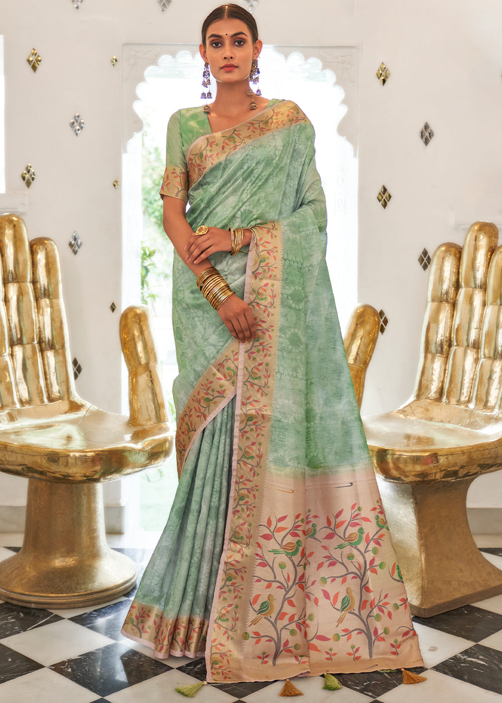 Seafoam Green Digital Printed Self Jacquard Silk Saree