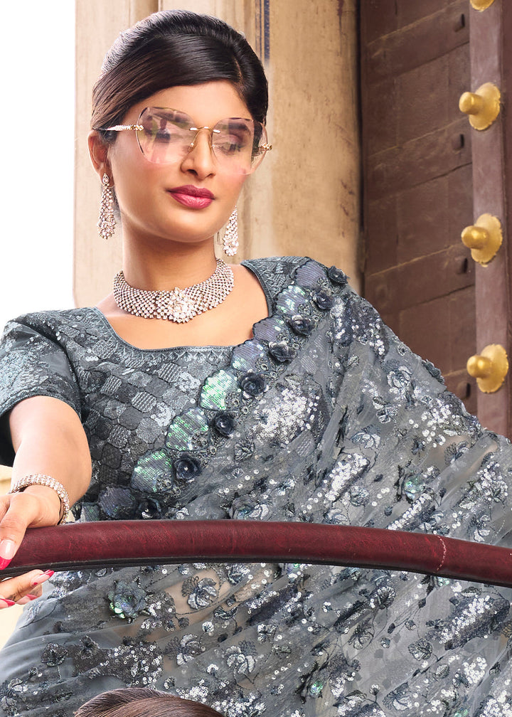 Lead Grey Digital Net Saree with Sequins & Flower Applic work