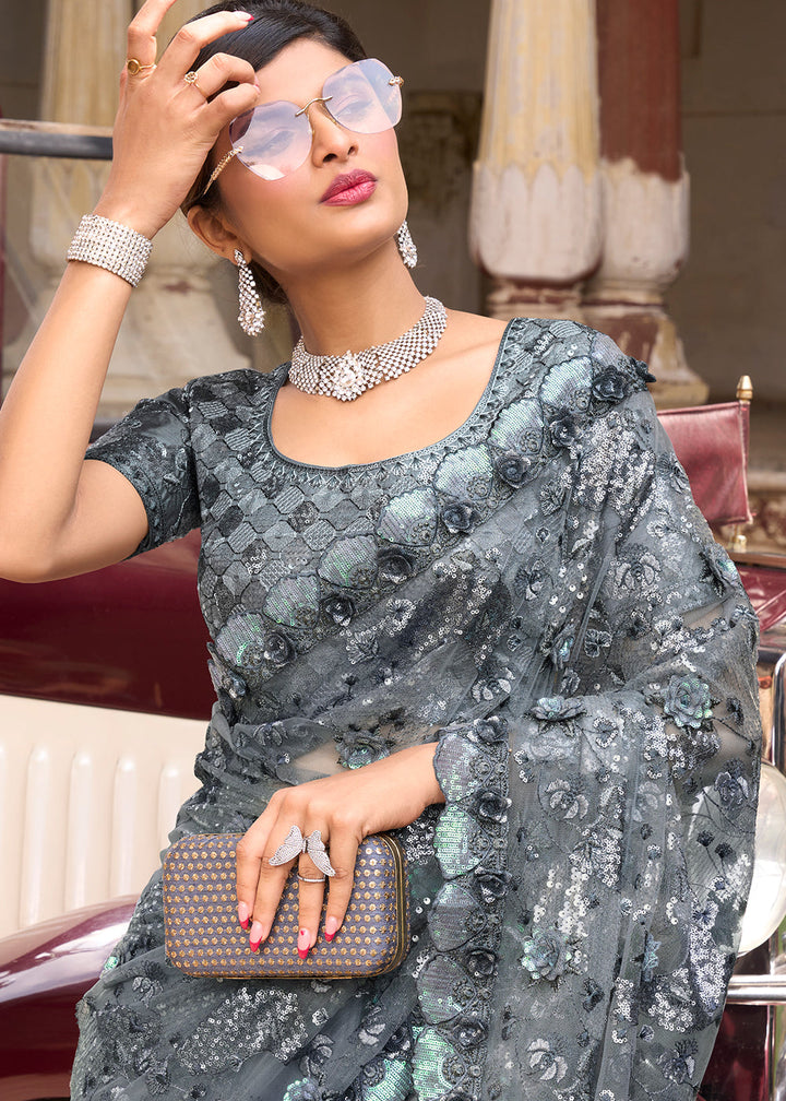 Lead Grey Digital Net Saree with Sequins & Flower Applic work