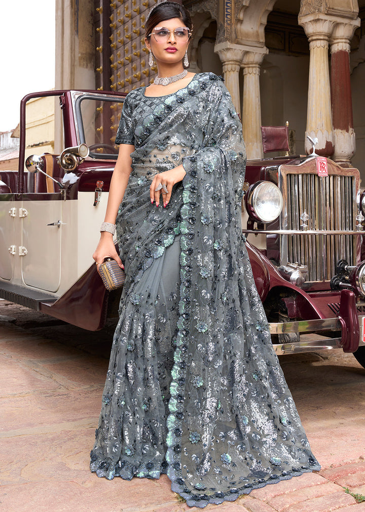 Lead Grey Digital Net Saree with Sequins & Flower Applic work